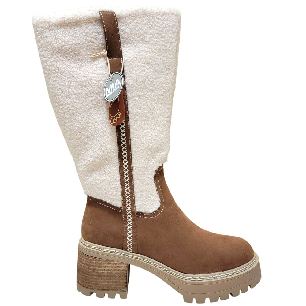 MIA Teirson Block Heel Faux Shearling Knee High Boots Size US 9M Cognac Brown - Picture 2 of 5